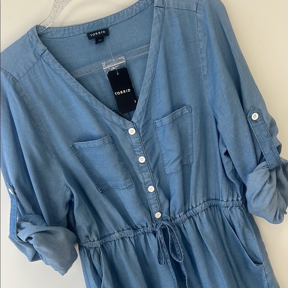 torrid Light Blue V-Neck Drawstring Shirt Dress - Picture 3 of 12